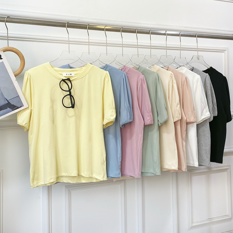 2025夏季韩国chic减龄百搭糖果色圆领套头宽松泡泡袖T恤衫上衣女