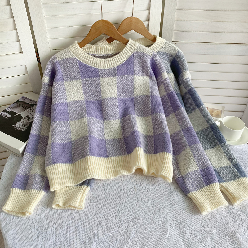 针织圆领格子长袖保暖上衣