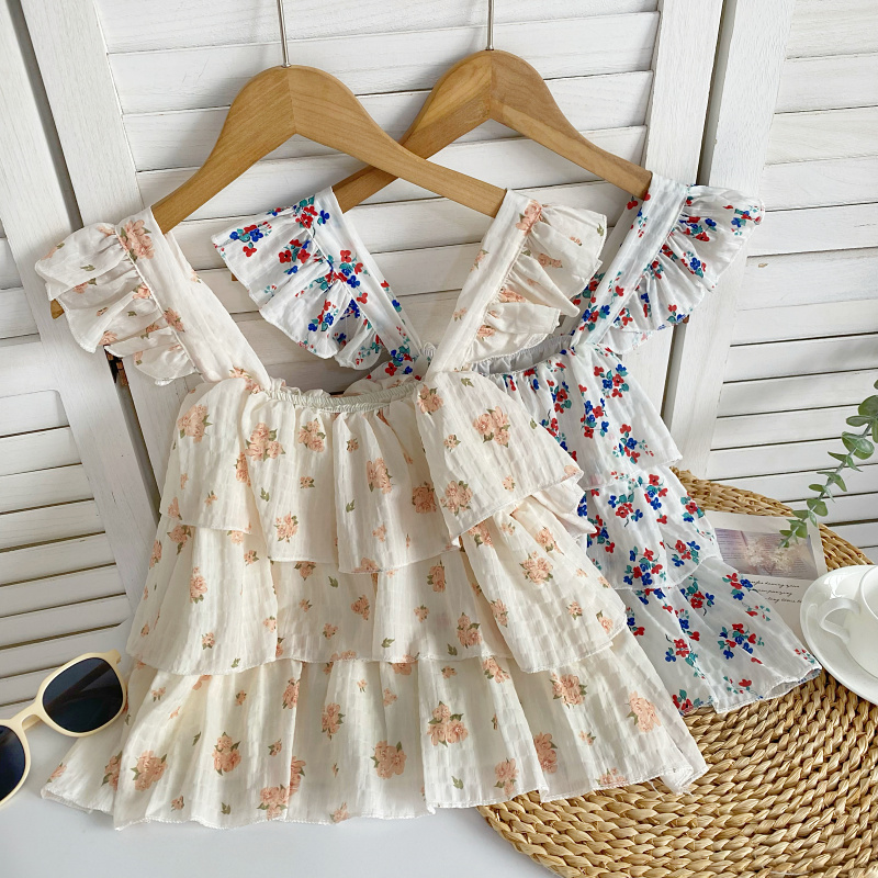 层层荷叶边碎花短款甜美吊带