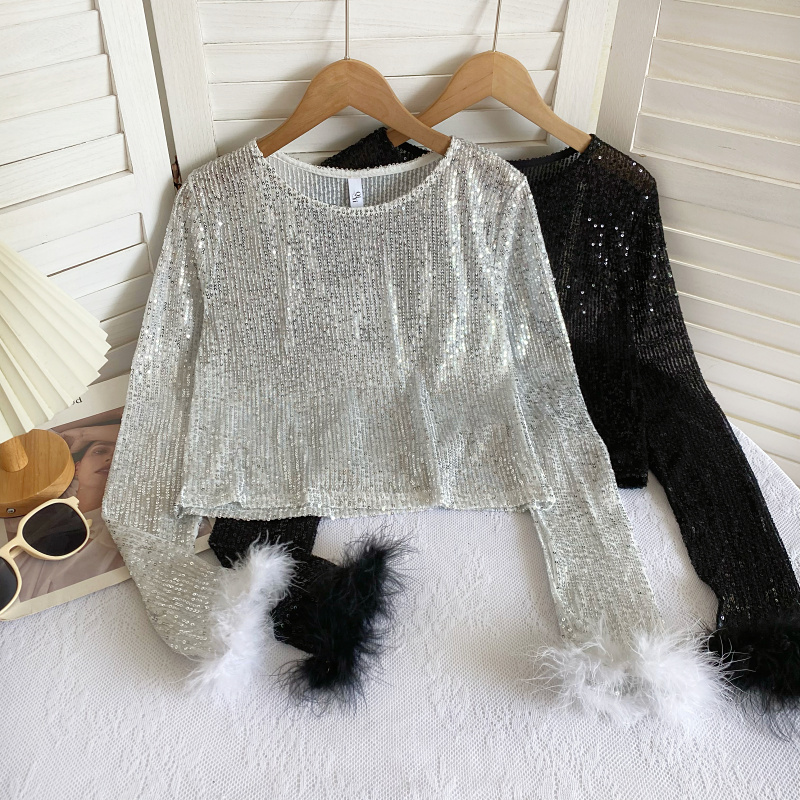 长袖毛毛边辣妹圆领薄款亮片T恤