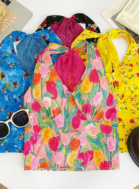 法式纯欲风系带蕾丝挂脖碎花背心女夏季2025露背无袖短款上衣