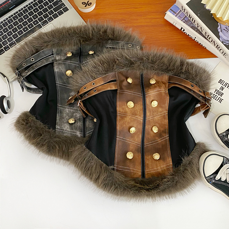 设计感抹胸毛毛短款背心上衣女