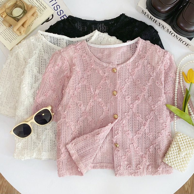 小香风圆领立体花朵短袖镂空衬衫