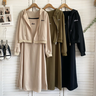 休闲时尚连帽拉链长袖外套+刺绣字母吊带中长裙连衣裙两件套秋冬