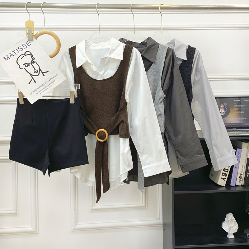 翻领长袖宽松衬衫+马甲两件套