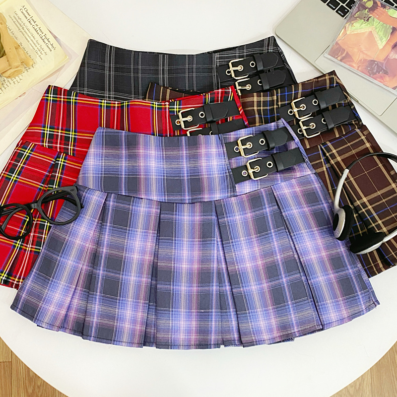 美式辣妹格子百褶半身裙短裙女