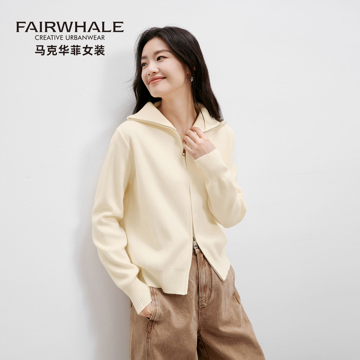 马克华菲翻领针织开衫外套女毛衣