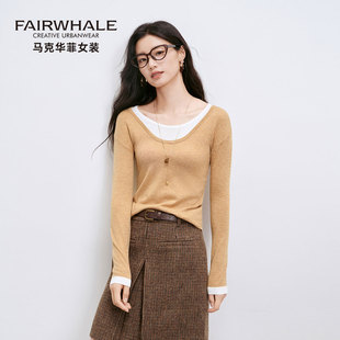 马克华菲假两件丝光针织打底衫女2025新款设计感修身混纺羊毛上衣