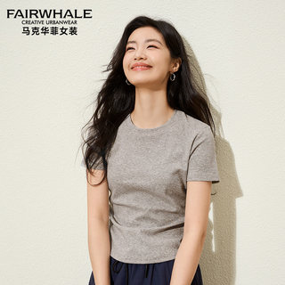 马克华菲女装圆领短袖T恤女高腰修身纯棉打底衫圆领百搭上衣夏季