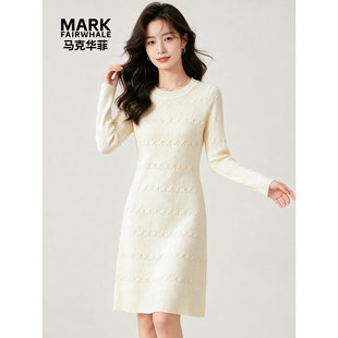 Mark Fairwhale/马克华菲绞花针织连衣裙修身提花显瘦长袖长裙女