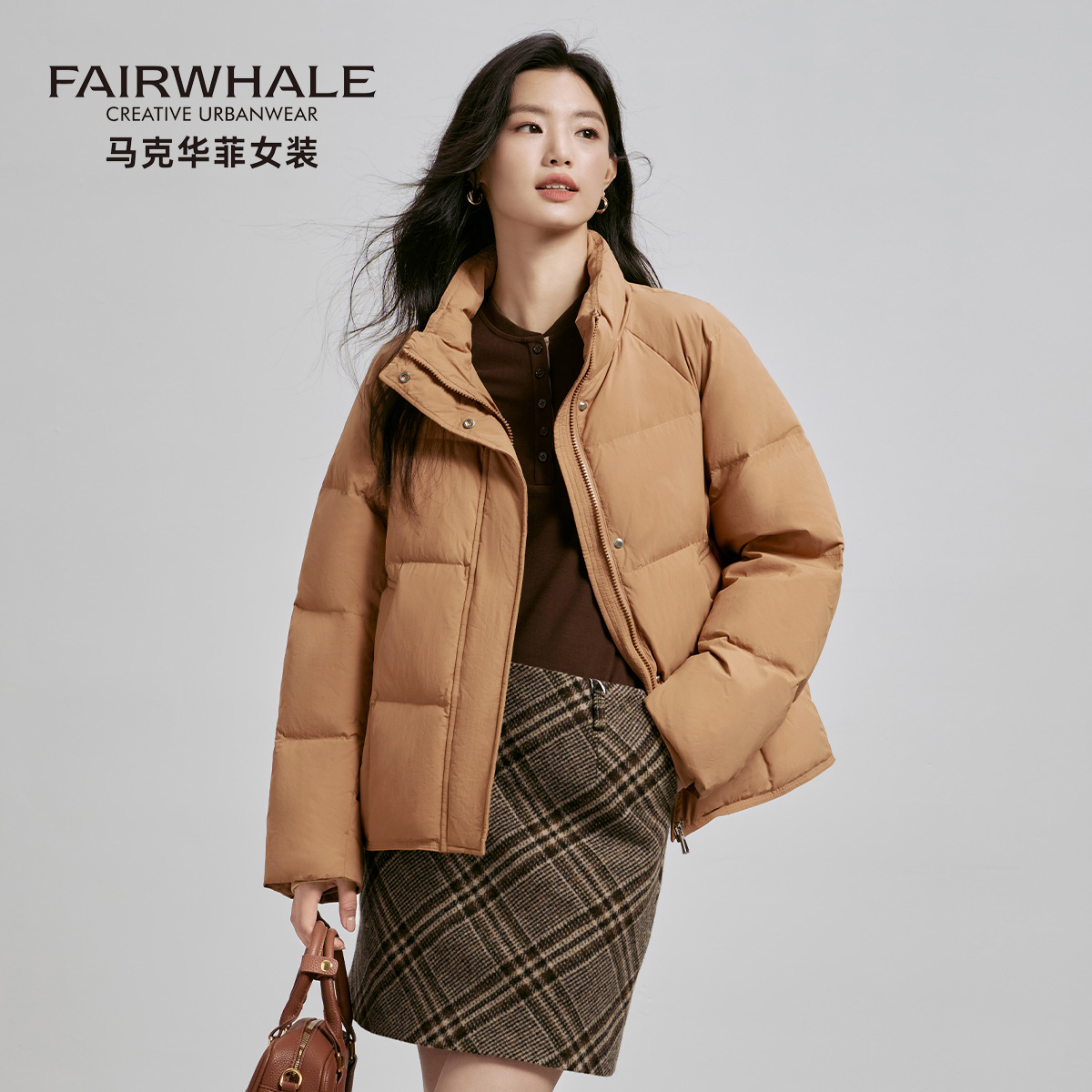 马克华菲立领简约羽绒服女短款