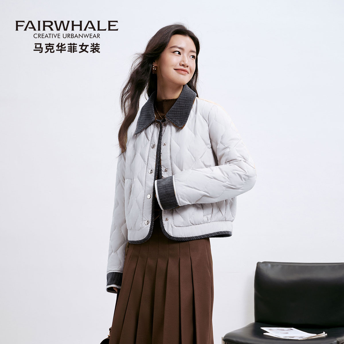 马克华菲翻领小香风羽绒服女短款