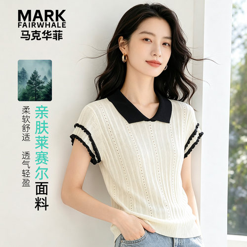 马克华菲女装莱赛尔短袖针织衫女款撞色显瘦polo领上衣YB73112893
