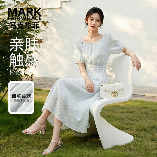 马克华菲女装连衣裙圆领松紧腰泡泡袖设计简约优雅气质Y63137B684