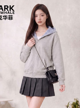 马克华菲连帽格子拼接卫衣外套女