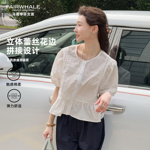 马克华菲女装泡泡袖衬衫女蕾丝花边拼接小众设计感上衣Y63115B500