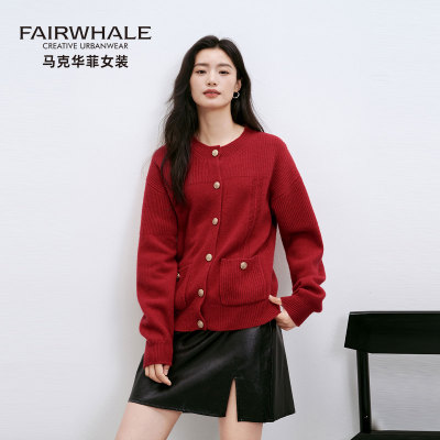 马克华菲全羊毛红色毛衣针织开衫