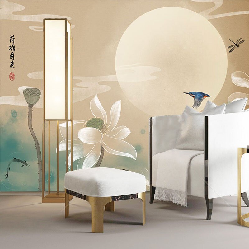 新中式禅意荷花墙纸意境素雅养生馆墙布荷塘月色壁画古典山水壁纸