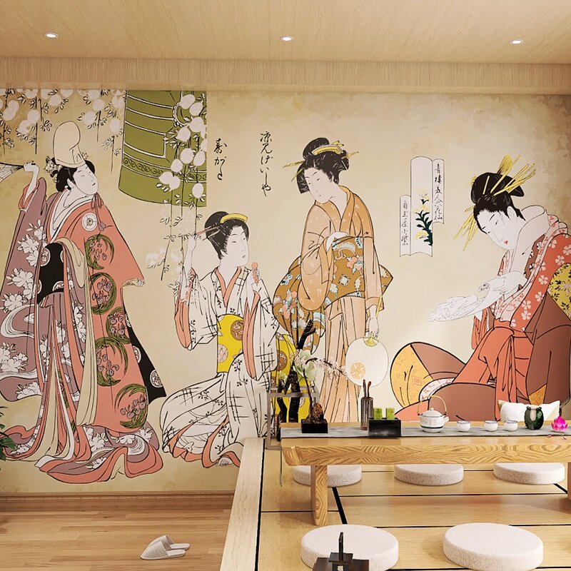 日式浮世绘和服仕女墙纸海浪格子门居酒屋日本餐厅剧本杀背景壁纸
