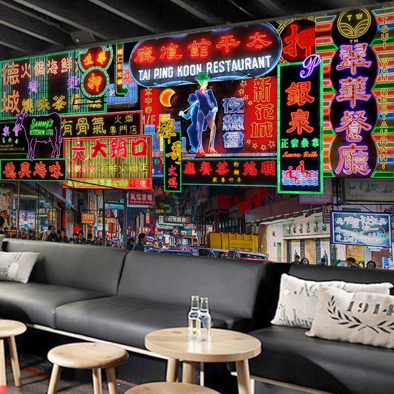 香港夜景街景壁纸打边炉装饰招牌背景墙布复古装修港式茶餐厅墙纸