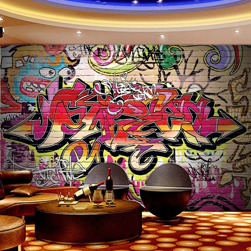 个性嘻哈字母涂鸦壁画工业风街头墙绘清吧健身房街舞拍照背景墙纸
