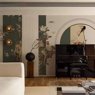 3D新中式花鸟金箔银箔壁纸法式中古风客厅餐厅墙纸墙布无纺布壁画