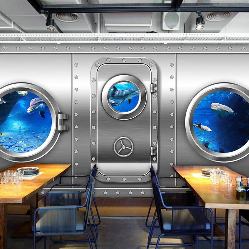 海盗船金属船舱海底世界壁纸海洋风主题餐厅酒店酒吧装修背景墙纸