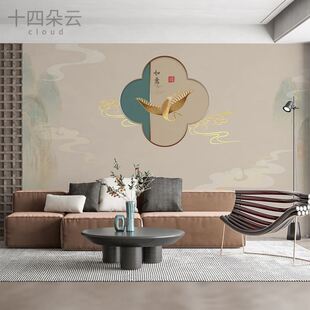 中式山水云纹电视背景墙壁纸客厅书房仙鹤定制壁画影视墙壁布墙纸