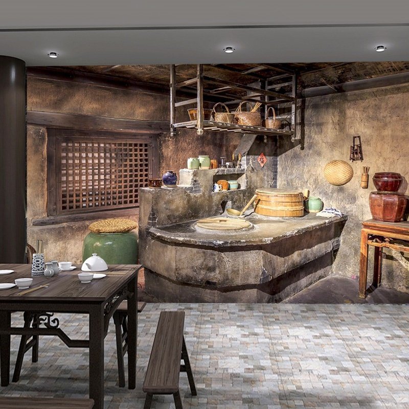 农产品腊肠腊肉腊味直播间背景墙布3d农家老灶台墙纸古代厨房壁纸