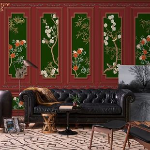 红色花鸟壁纸朱红故宫红墙布中式剧本杀装饰美式复古红木屏风墙纸