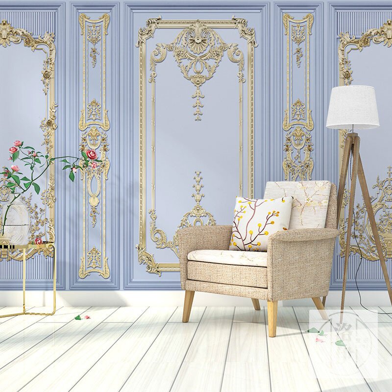 法式轻奢壁纸3d浮雕洛丽塔公主风墙布卧室复古宫廷欧式石膏线墙纸