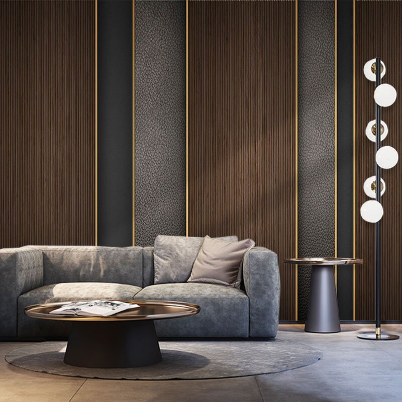复古仿木纹墙布深棕色皮质黑胡桃木色壁纸男装直播木饰面背景墙纸