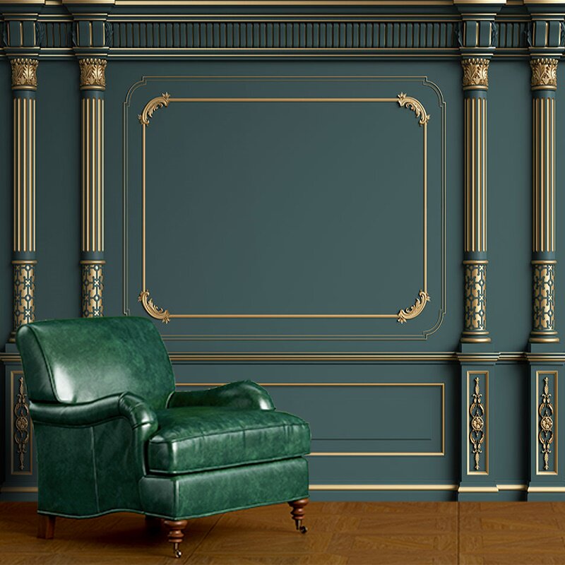 欧式直播间工作室背景墙壁纸酒店沙发墨绿色墙布3d立体石膏线墙纸