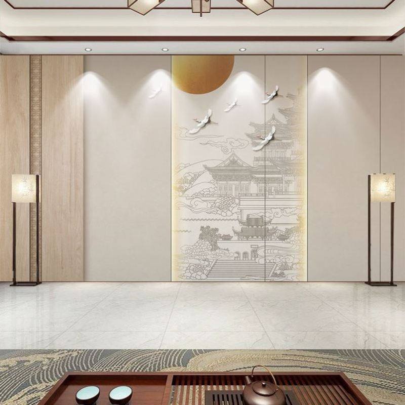 手绘艺术中国风线描山水画壁纸新中式楼阁建筑客厅茶室背景墙纸