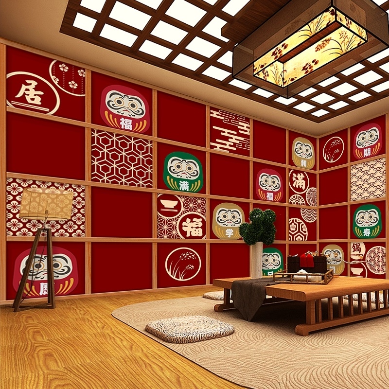 3d日式风格装修壁纸日本浮世绘卡通达摩背景墙装饰居酒屋包厢墙纸