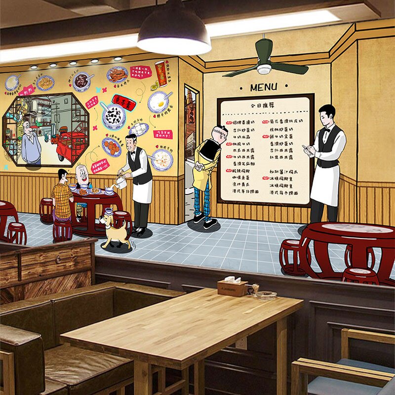 传统糖水铺甜品店墙纸老夫子卡通动漫背景墙奶茶店冰室小吃店壁纸