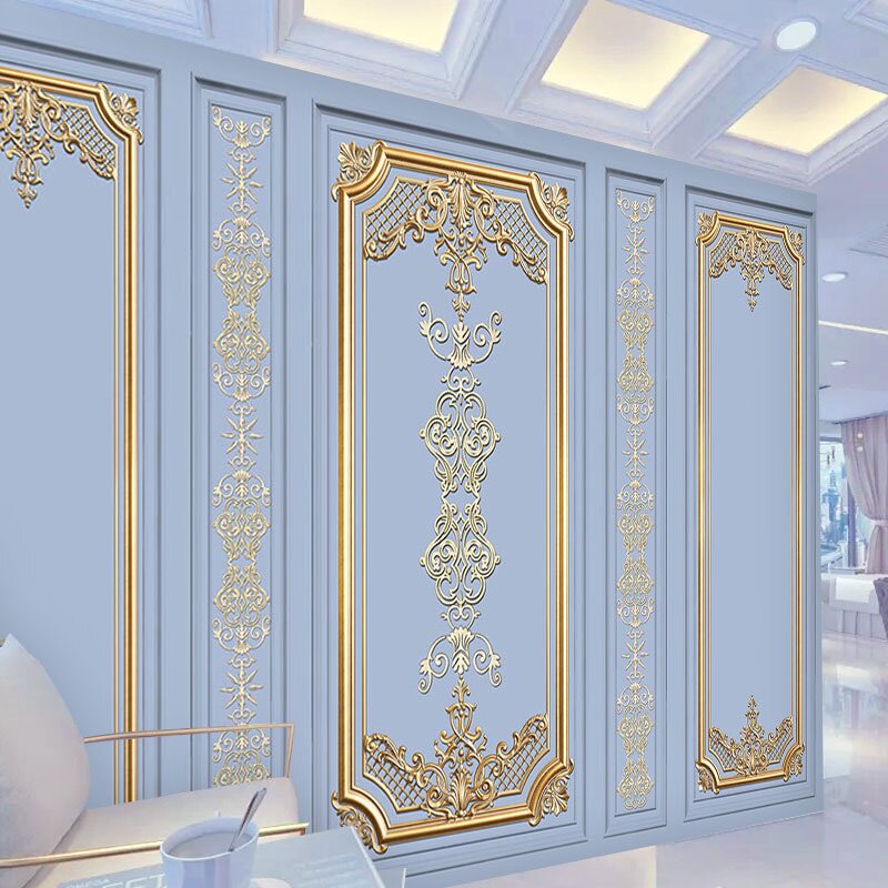 法式轻奢壁纸3d浮雕芭蕾舞蹈室美容院欧式花边金边石膏线背景墙纸