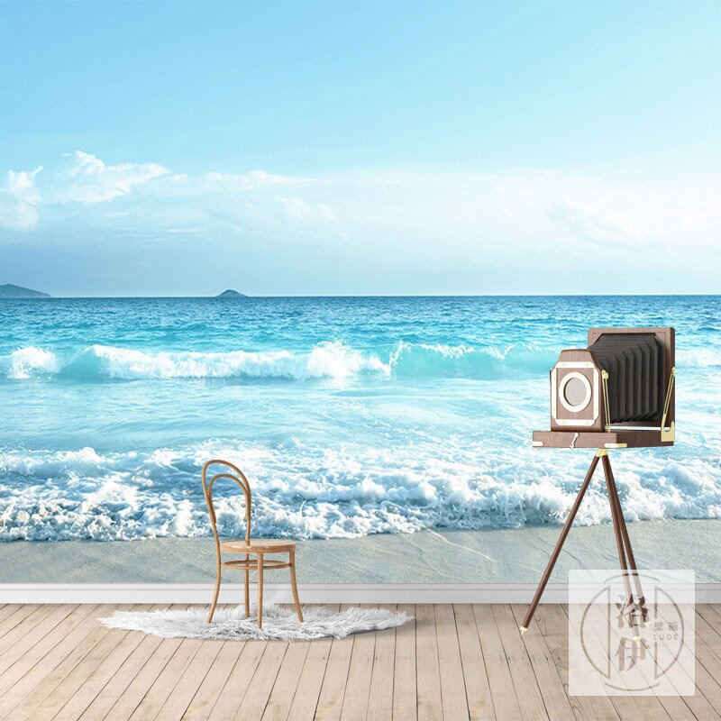 蓝天白云墙纸大海沙滩背景墙布地中海海洋风海水海景海滩风景壁纸