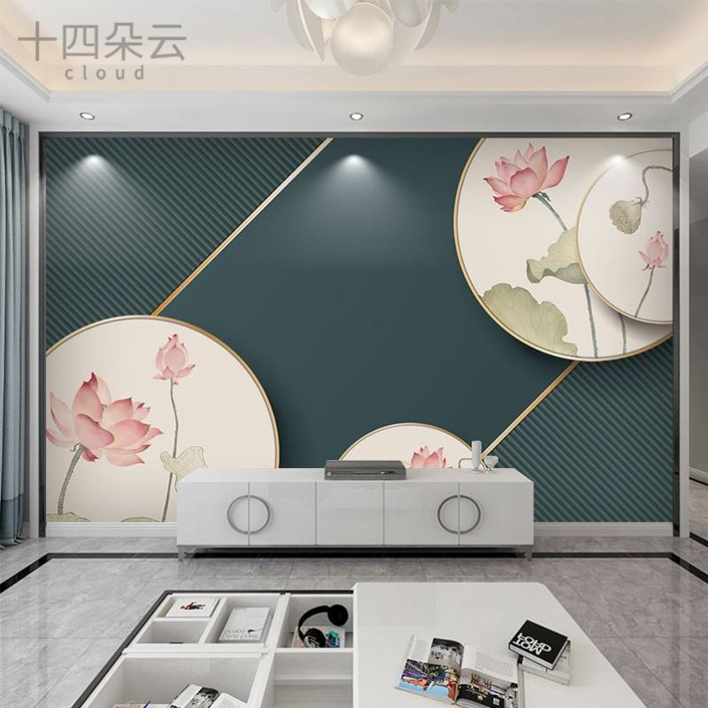 荷花金属框3D立体新中式现代定制壁画客厅电视背景墙壁纸装饰装修图片