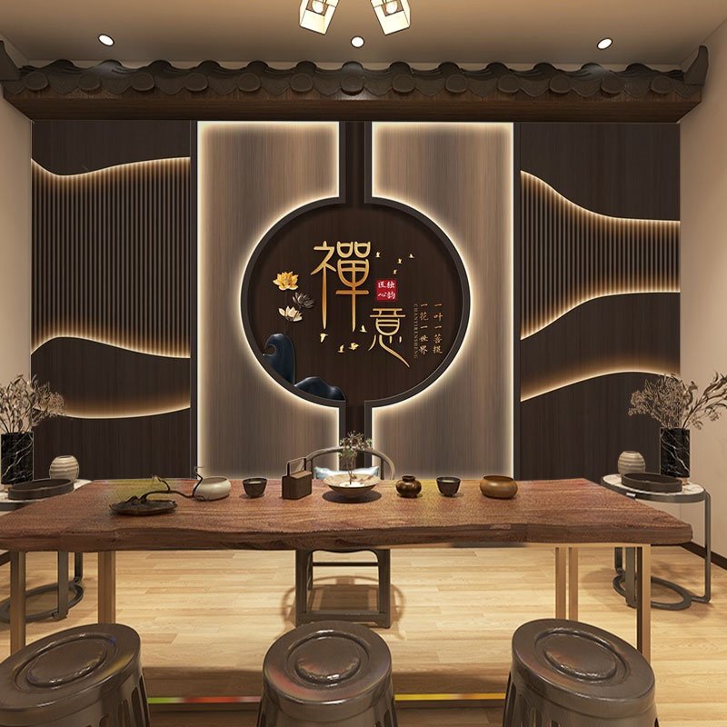 禅修房装饰墙纸中式采耳馆前台直播背景墙壁画古典养生堂装修壁纸