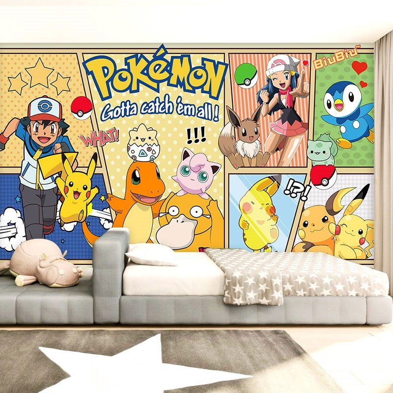 3d宠物小精灵壁纸皮卡丘神奇宝贝壁画儿童房卧室动漫卡通背景墙纸