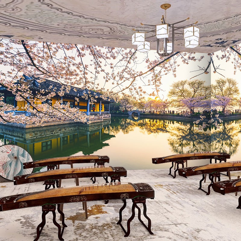 中国风古建筑壁纸中式江南水乡墙纸徽派风景壁画古筝教室背景墙布