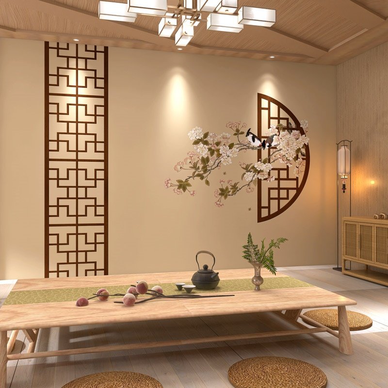 新中式古典屏风花鸟壁纸古风培训教室茶室酒店包厢办公室背景墙纸