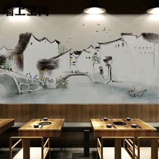 3D中式饭店吴冠中江南水乡壁纸餐厅火锅店背景墙纸小吃店装修壁画