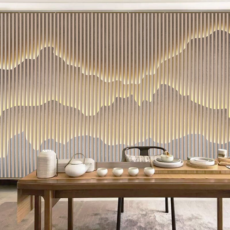 3d新中式装修壁纸轻奢意境格栅山水茶室背景墙装饰客餐厅书房墙纸