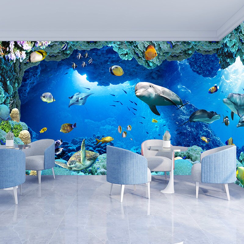 3d海底世界海洋主题动物海豚墙纸烤鱼店装饰壁纸海产品直播背景布