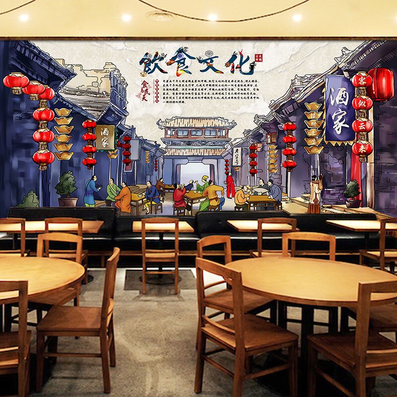 复古怀旧饮食文化墙纸熏酱馆饭店包间背景墙画火锅店墙面装饰壁纸