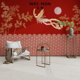 3d复古新中式红色竹子凤凰云纹壁纸卧室书房茶室客厅电视背景墙纸