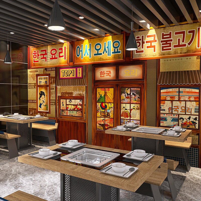 3d韩国古建筑烤肉店墙纸韩式餐厅饭店壁纸火锅店料理店装饰背景墙