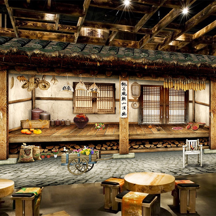 茅草屋背景布农家乐农村风格墙纸土房子小院壁纸乡村美食装饰壁画